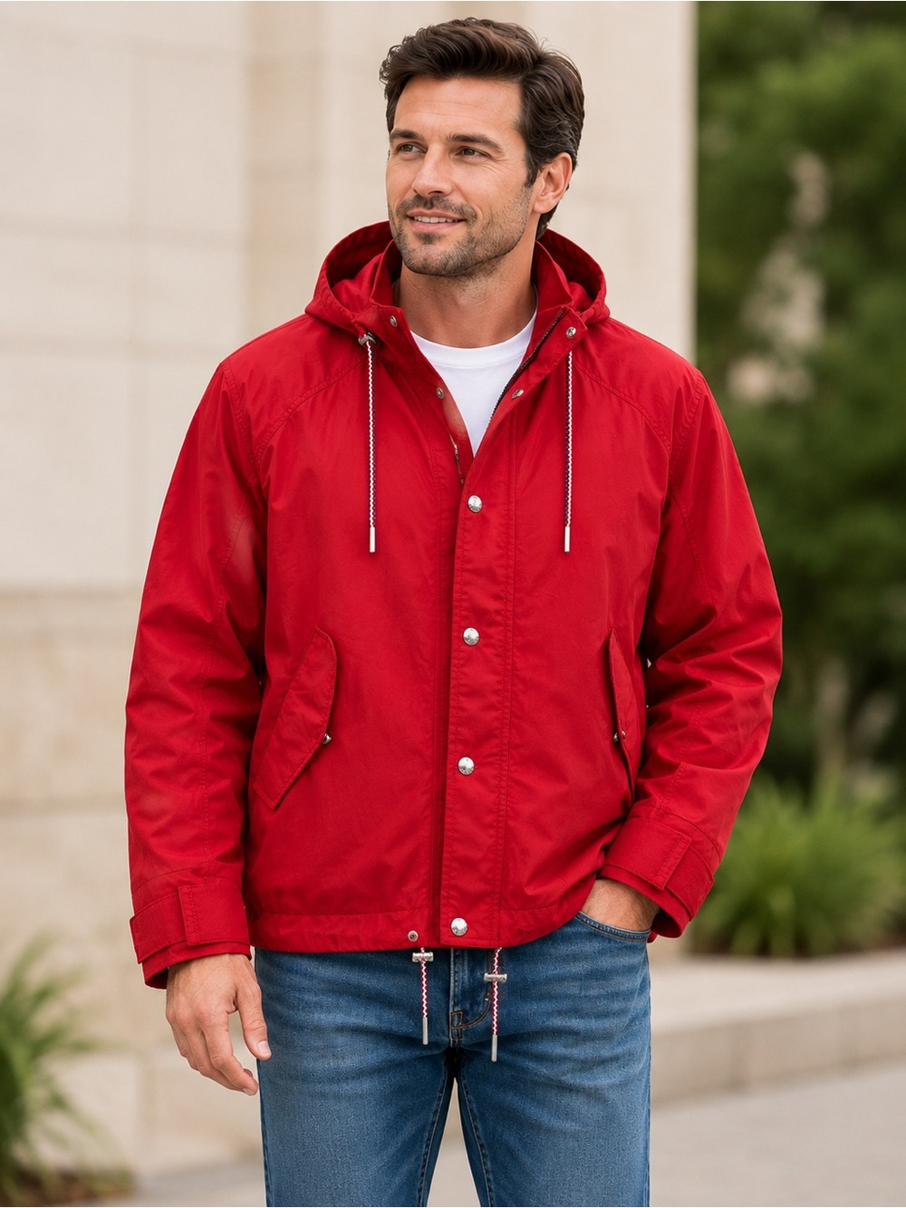 𝙏𝙤𝙢𝙢𝙮 𝙃𝙞𝙡𝙛𝙞𝙜𝙚𝙧 Men’s Jacket Red Hooded Windbreaker Medium Nylon Flag Logo